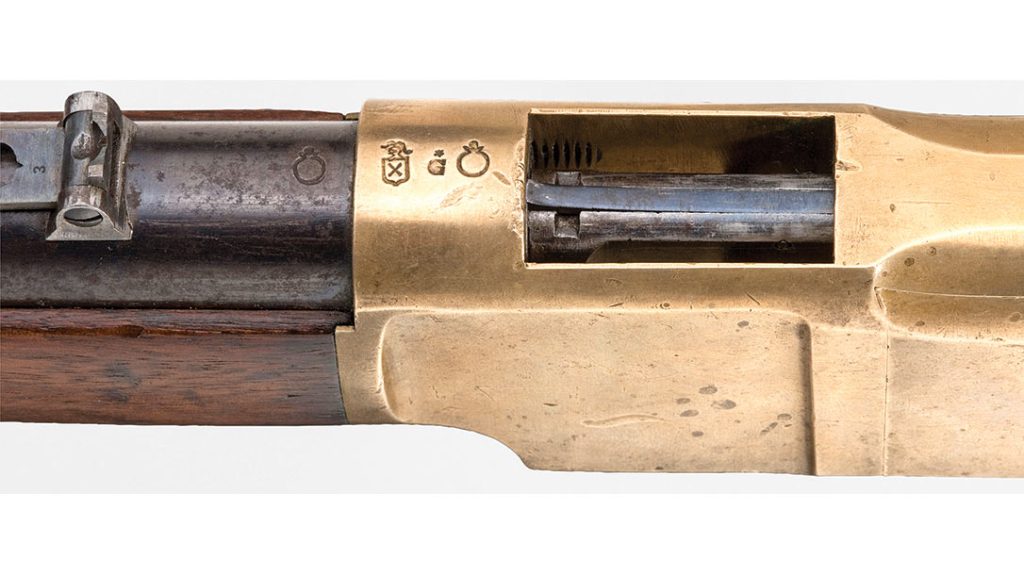 Markings on the top of the receiver and barrel of the Winchester Model 1866 Carbine.