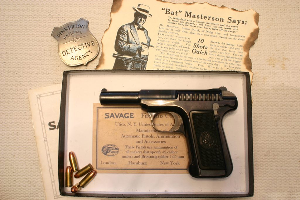 A vintage Savage Model 1907 with advertisements of the period.