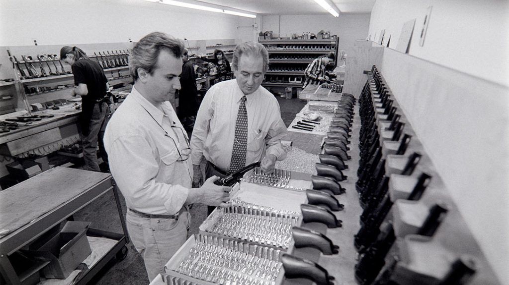 Imperato and his father at their Brooklyn factory, which produced black powder replicas of Colt revolvers.
