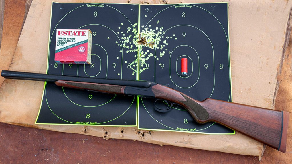 Shot patterns were fired using the double barrel and three different 12-gauge shells with #7 1/2 shot at a distance of 10 yards with patterns in the 10- to 11-inch circle.
