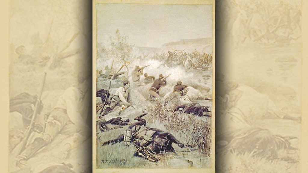 The famous illustrator Rufus Fairchild Zogbaum, well known for his military-themed work, drew this depiction of the battle in 1901. It captures the climactic moment when the scouts break Roman Nose’s mounted charge with their Spencer repeating carbines. Zogbaum erred in arming the scouts and Major Forsyth with Winchesters instead of Spencers.